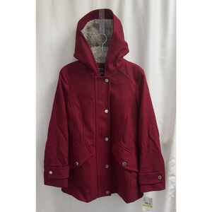 London Fog Sherpa-Lined Wool Coat M Hooded Zip-Front Red Winter Classic